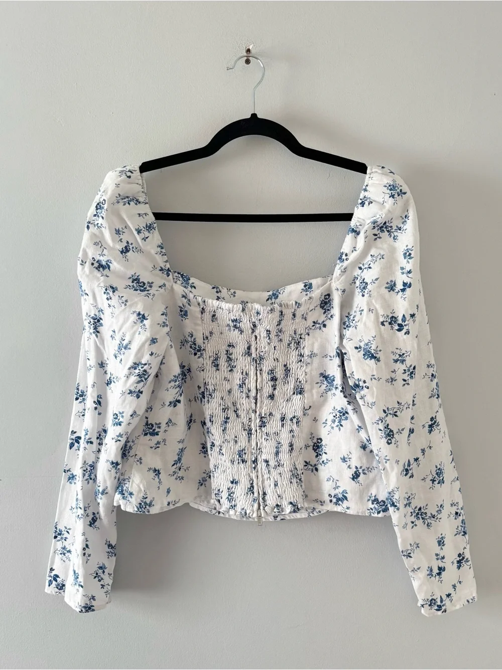 Reformation Khloe Linen Top Fitted Long Puff Sleeve Square Neckline Floral Print
